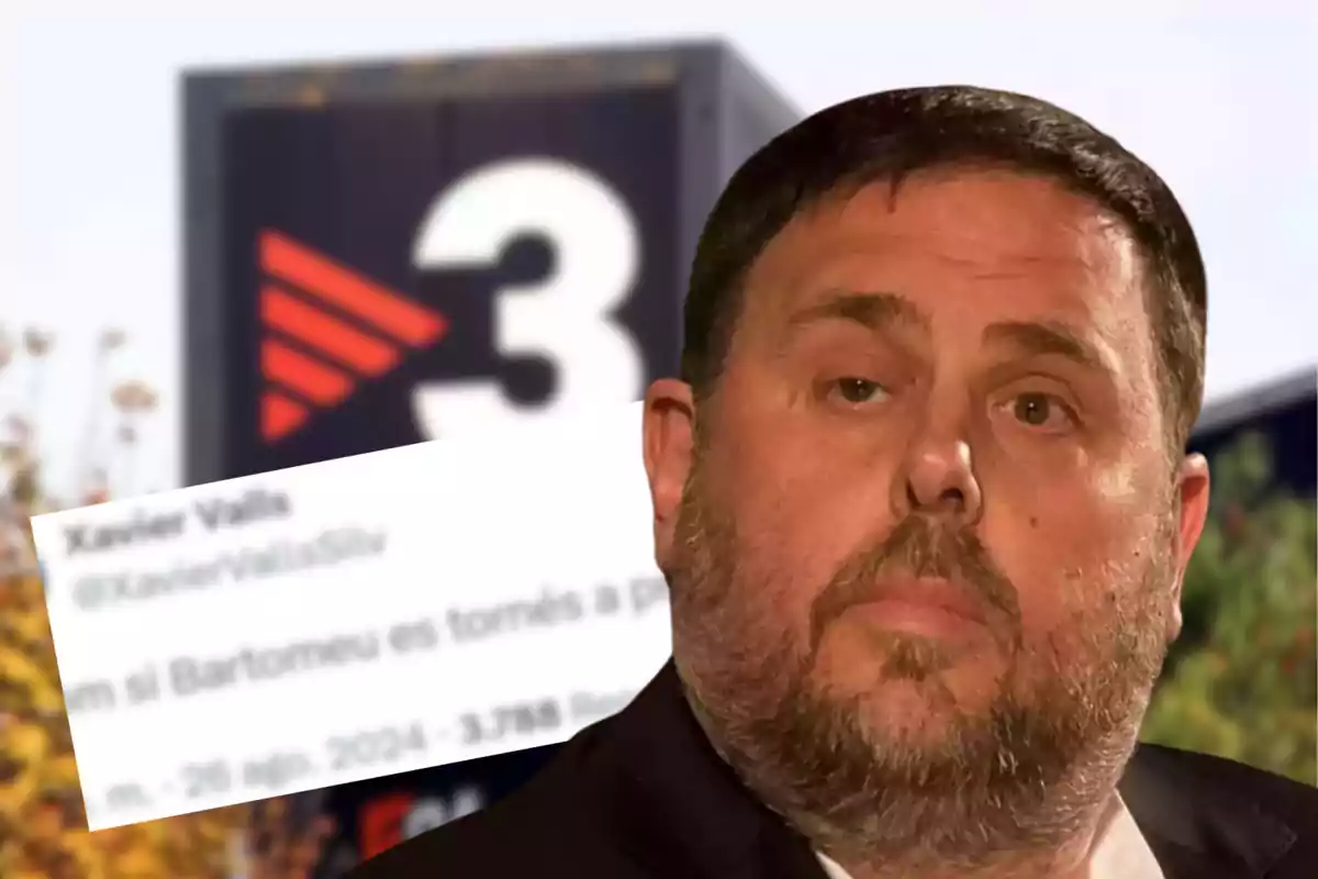 Junqueras i en primer pla, de fons es veu el logotip de TV3 i un tuit parcialment visible.