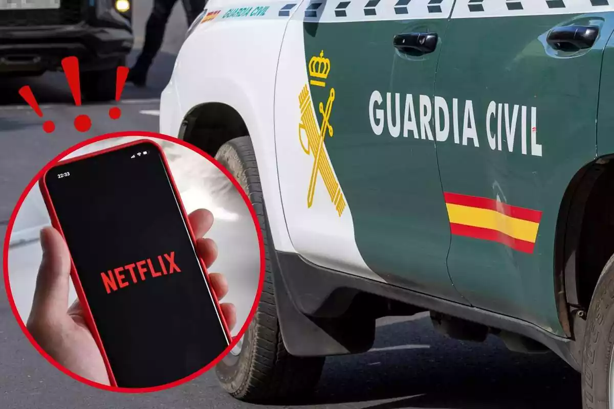 Imatge de fons d'un cotxe de la Guàrdia Civil i una altra imatge d'un mòbil amb un logotip de Netflix a la pantalla, a més, una emoticona d'unes exclamacions sobre el telèfon