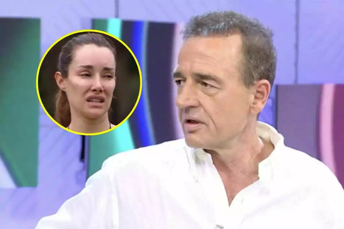 Montaje de Alessandro Lequio con camisa blanca habla en Vamos a ver mientras una imagen de Adara Molinero en Supervivientes con expresión triste aparece en un círculo amarillo en la esquina superior izquierda