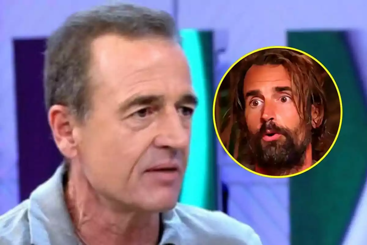 Alessandro Lequio amb cabell curt i canós a Vamos a ver en primer pla amb expressió seriosa i a la cantonada superior dreta un requadre circular mostra Álex Adrover amb barba i cabell llarg amb expressió de sorpresa a Supervivientes