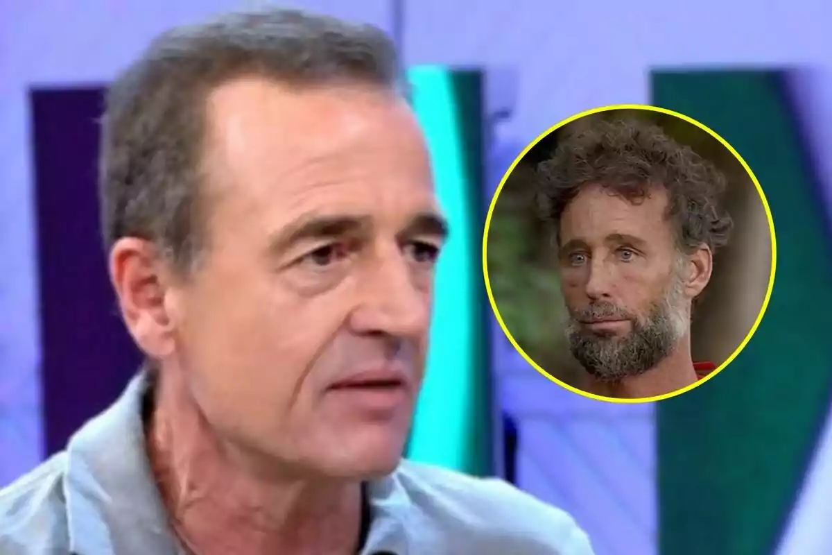 Primer pla d’Alessandro Lequio amb cabell curt i canós en un estudi de televisió de Vamos a ver, amb un requadre circular que mostra Álvaro Muñoz Escassi amb barba i un aspecte més deixat a Supervivientes.