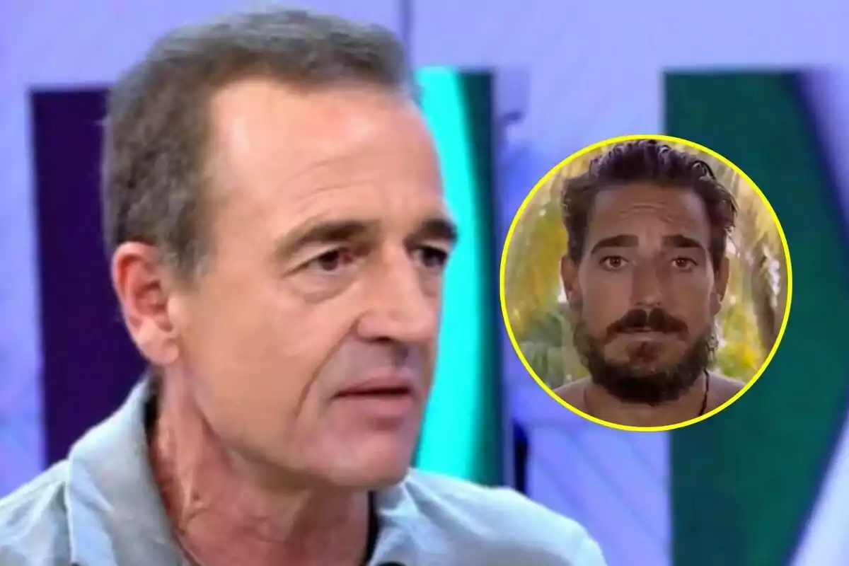 Alessandro Lequio de cabell curt i canós a Vamos a ver en primer pla amb expressió seriosa i al fons un requadre circular groc mostra Damián Quintero amb barba i cabell fosc a Supervivientes amb fons de vegetació.