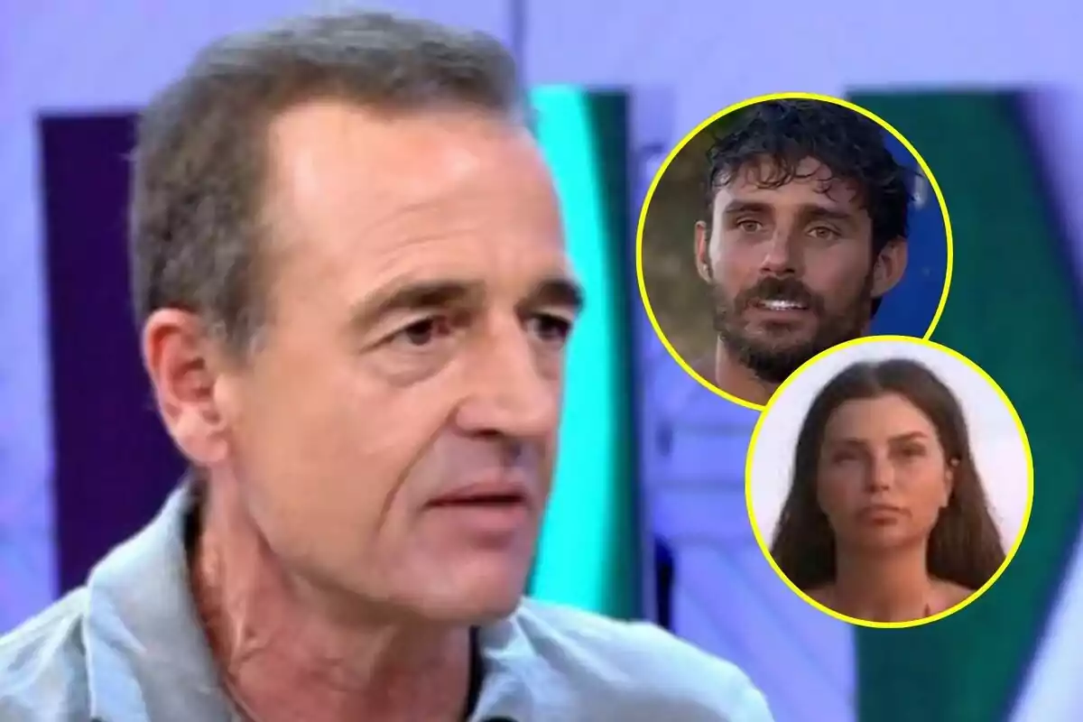 Alessandro Lequio amb cabell curt i canós apareix a Vamos a ver en primer pla mentre que al fons es veuen dues cares emmarcades en cercles grocs, una de Manuel González amb barba i una altra de Gabriella amb cabell llarg a Supervivientes.