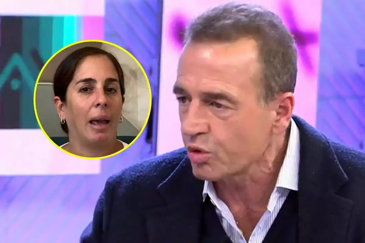 Alessandro Lequio hablando en Vamos a ver con la imagen de Anabel Pantoja con expresión de tristeza en un círculo amarillo en la esquina superior izquierda.