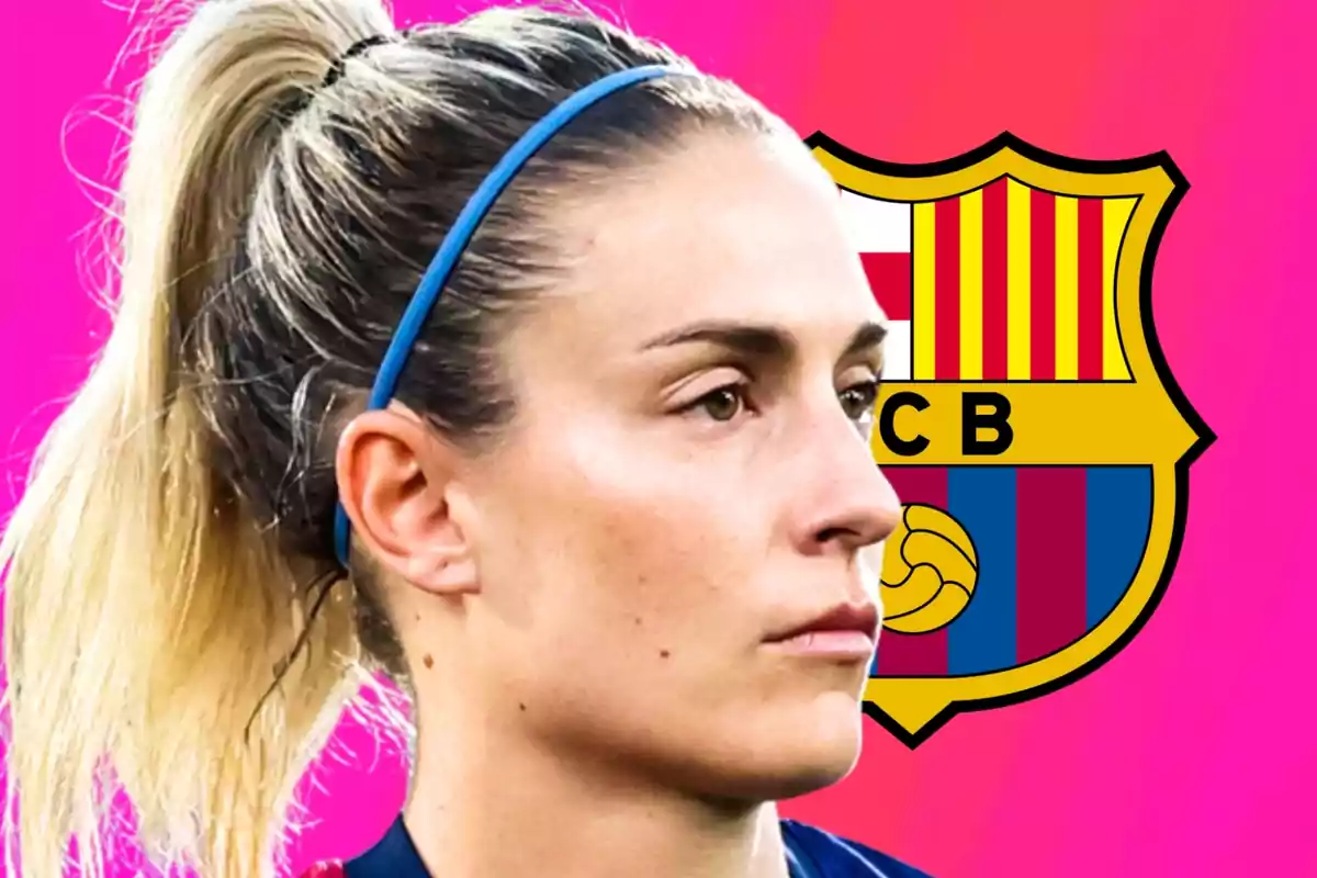 A female soccer player with a blue ribbon in her blonde hair appears in the foreground with the FC Barcelona crest in the background on a pink background.