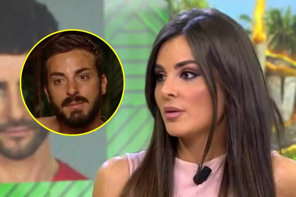 Alexia Rivas amb cabell llarg i fosc està parlant a Vamos a ver, mentre que en un requadre es mostra la imatge de Borja González amb barba a Supervivientes.