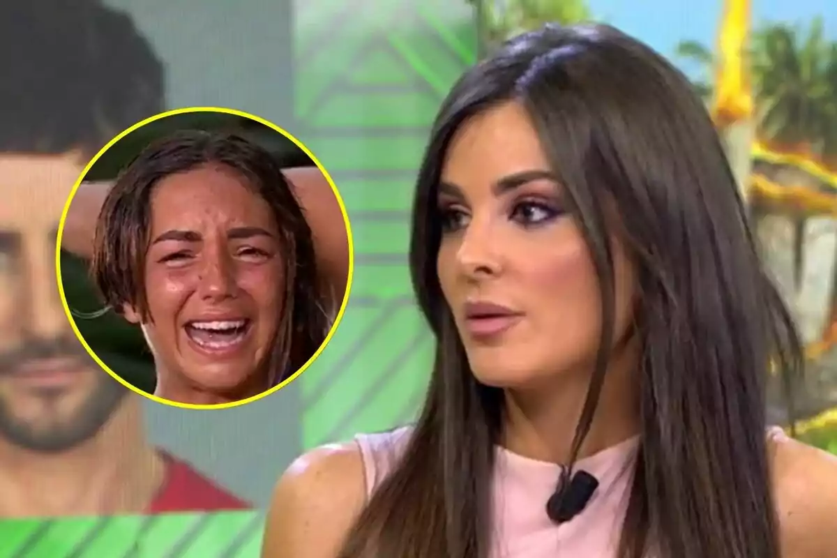 Dona de cabell llarg i llis parlant en un programa de televisió amb un requadre que mostra una altra dona plorant