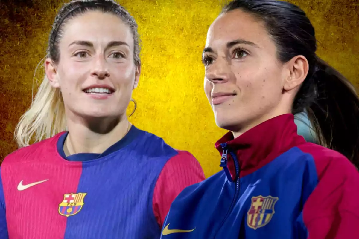 Dues jugadores de futbol amb uniformes del FC Barcelona posen davant un fons groc.