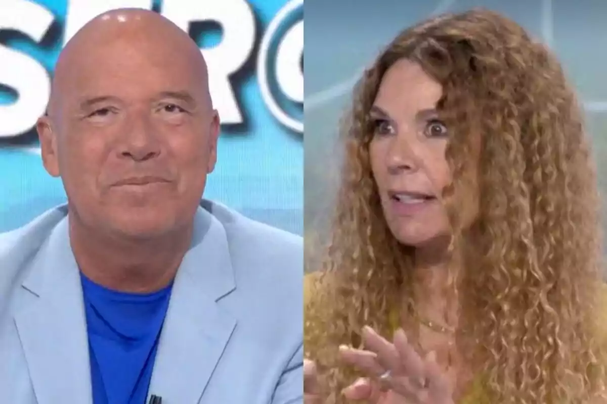 Dues persones en un programa de televisió, Aruser@s, Alfonso Arús calb amb jaqueta blau clar i Angie Cárdenas amb cabell arrissat i expressió atenta.
