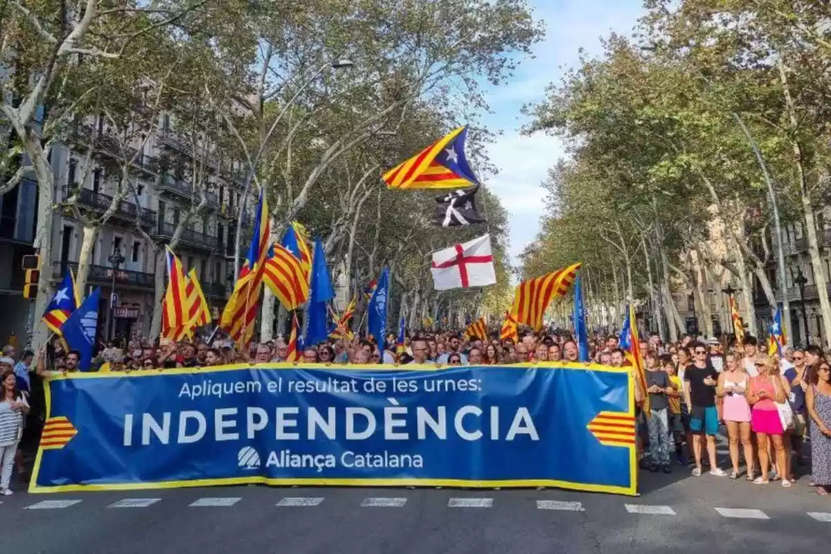 Imatge del bloc d'Aliança Catalana a la manifestació de l'11S. Milers de persones darrere de la pancarta “Apliquem el resultat de les urnes: independència” amb fons blau