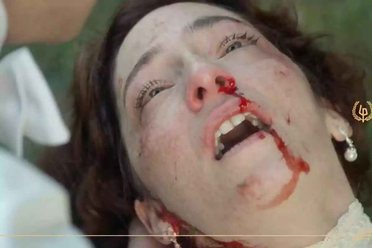 Alicia Moruno amb el rostre ensangonat i expressió de dolor estirada a terra a La Promesa Alicia Moruno amb el rostre ensangonat i expressió de dolor estirada a terra a La Promesa