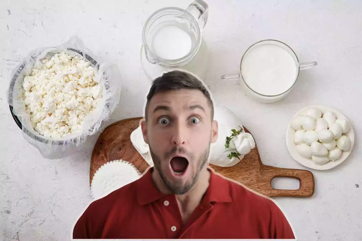 Muntatge amb un taulell de cuina plena de lactis com llet, iogurt i diferents formatges i en primer pla la cara de sorpresa d'un noi amb barba i pol vermell
