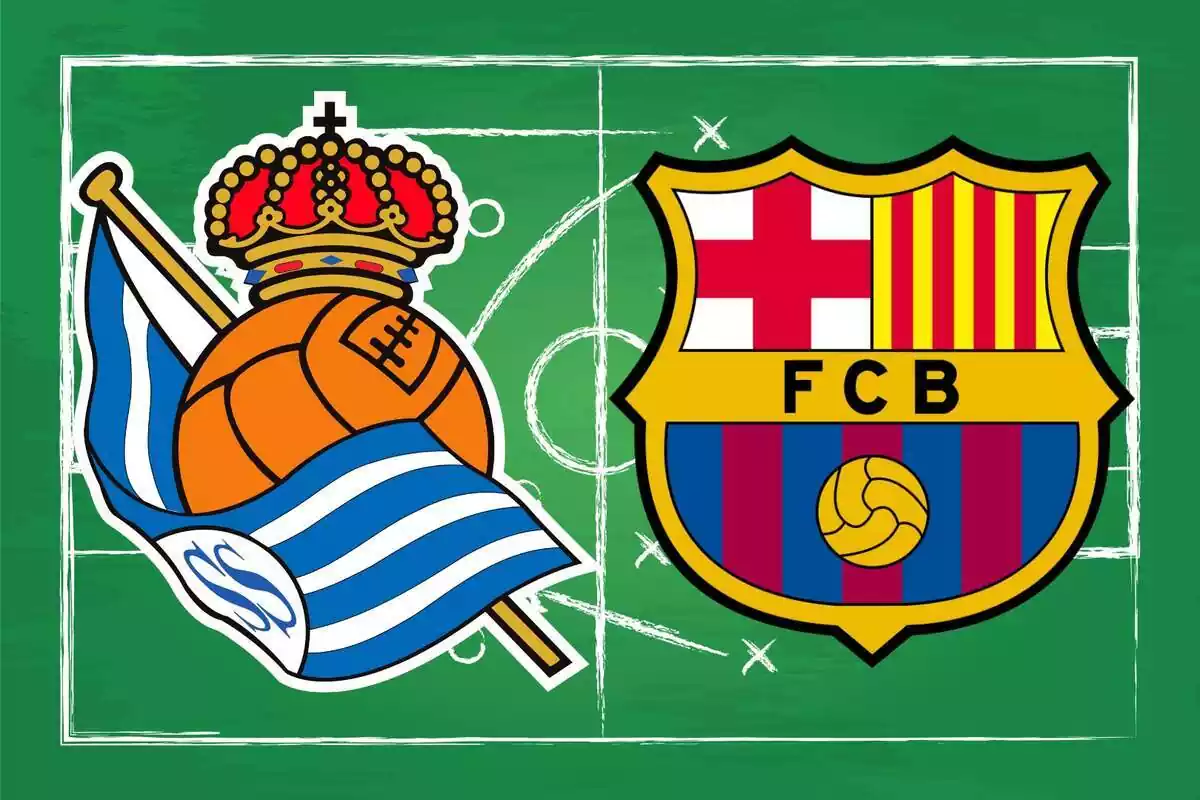 Muntatge d´una pissarra de futbol amb els escuts de la Reial Societat i el FC Barcelona