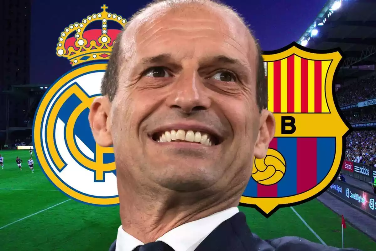 Massimiliano Allegri amb els escuts del Reial Madrid i el FC Barcelona