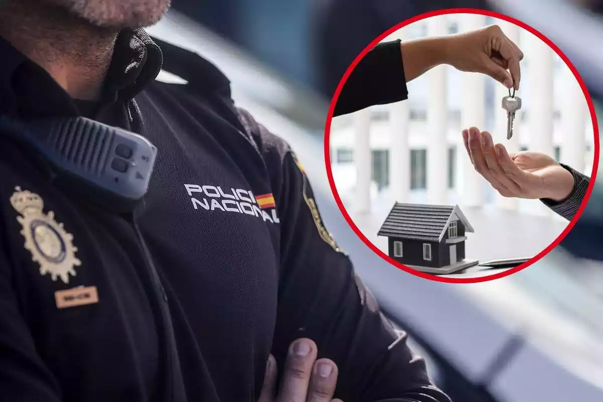 Imatge de fons d'un agent de la Policia Nacional i una altra imatge d'una persona donant claus a una altra persona