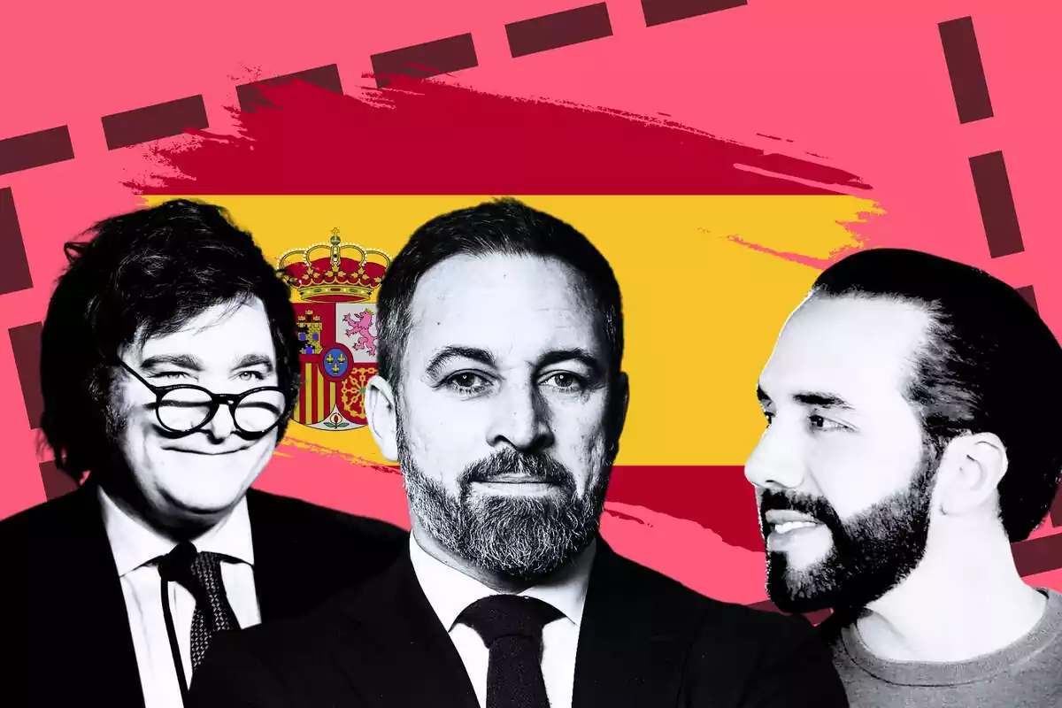muntatge amb Javier Milei, Santiago Abascal i Nayib Bukele amb la bandera espanyola de fons