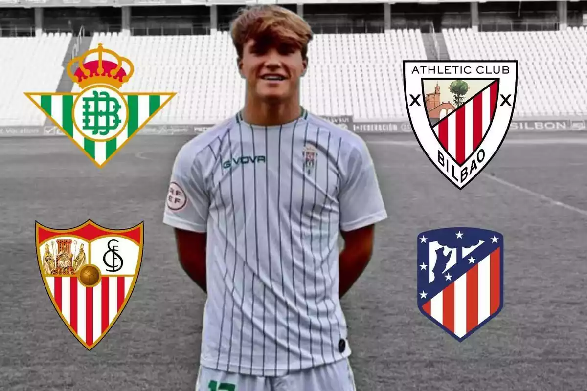 Muntatge d'Álvaro Prieto amb els escuts d'Atleti, Sevilla, Betis i Athletic al voltant