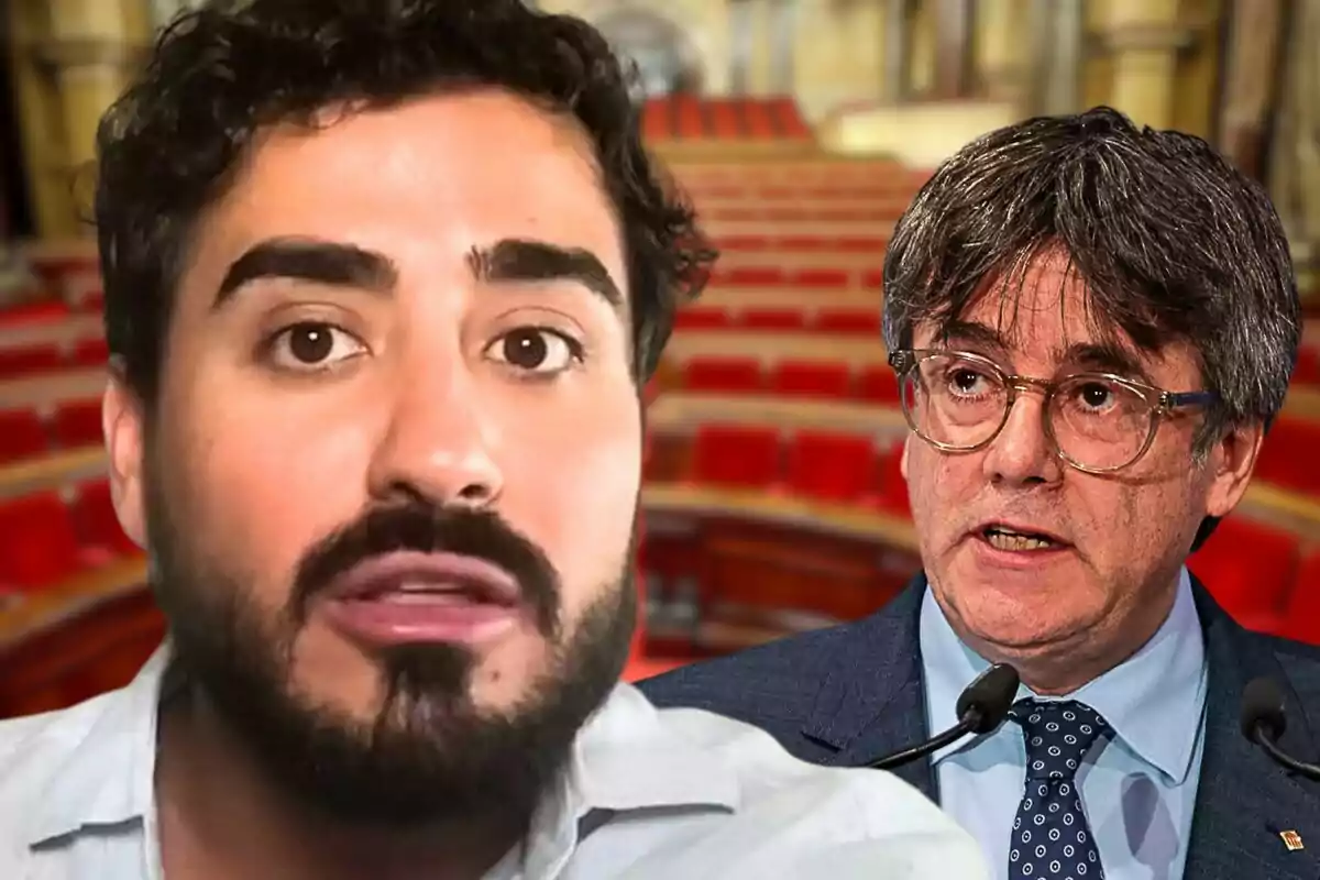 Alvise Pérez i Carles Puigdemont en primer pla amb un fons del Parlament de Catalunya