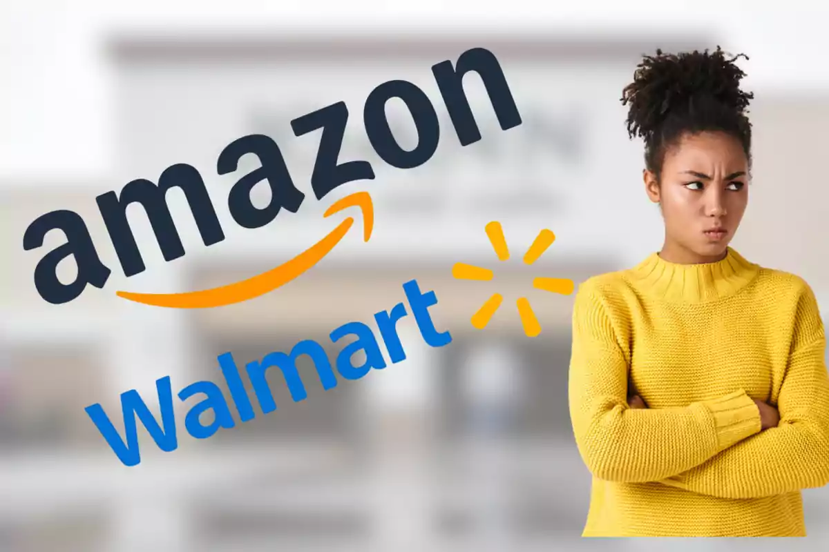 Una persona con suéter amarillo mirando de reojo los logotipos de Amazon y Walmart.