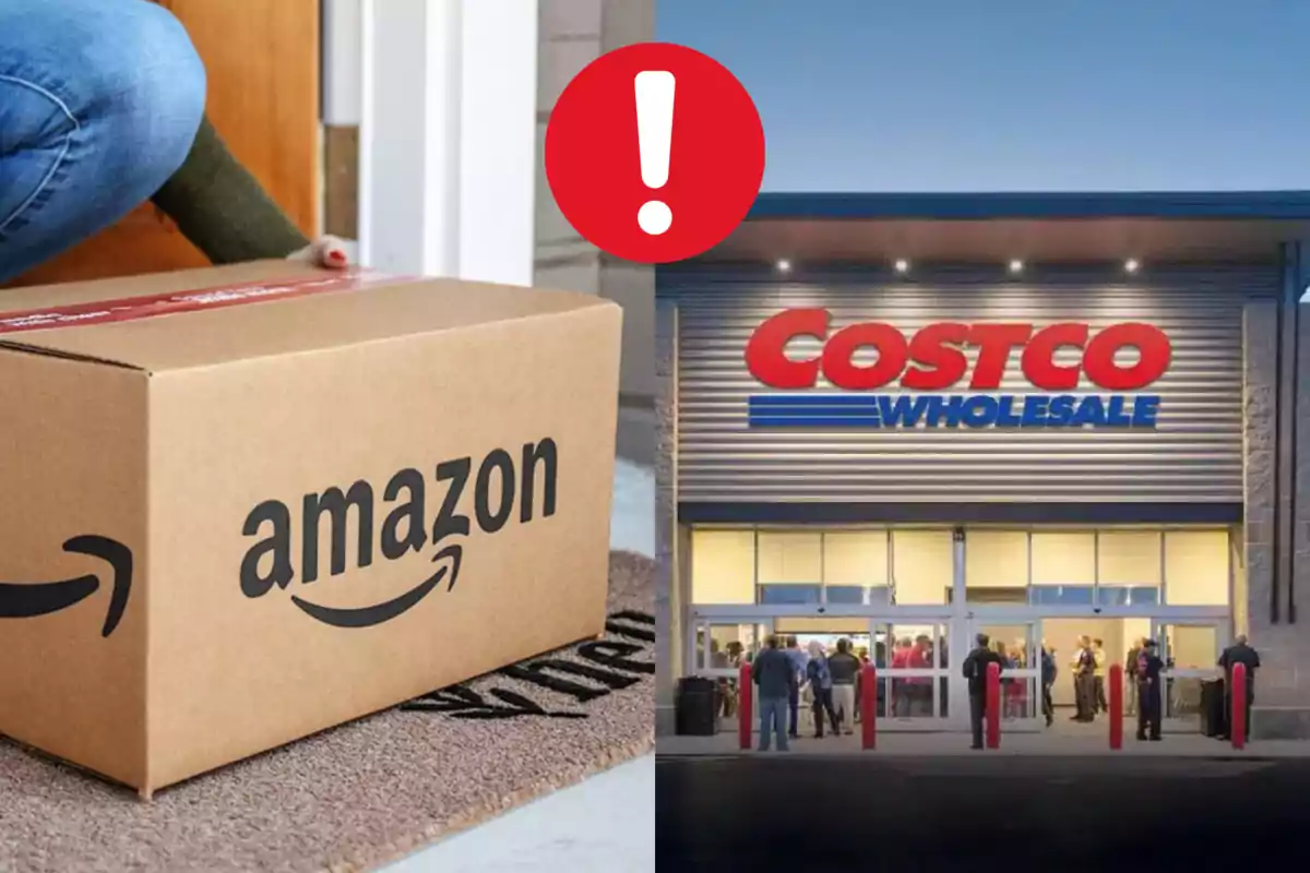 An Amazon box at a door next to an image of a Costco store entrance with a warning symbol in the center.