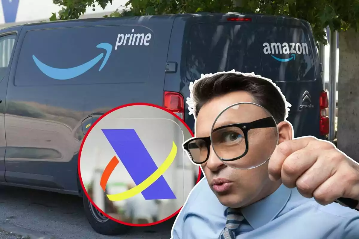 Un home amb ulleres sosté una lupa davant d?una furgoneta d?Amazon Prime i un logotip d?una agència tributària.