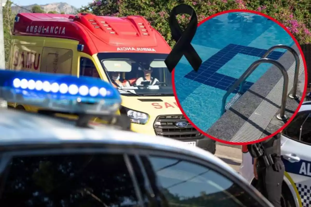 Una ambulància i un cotxe de policia són presents en una escena que inclou una piscina, destacada en un cercle vermell amb un llaç negre.