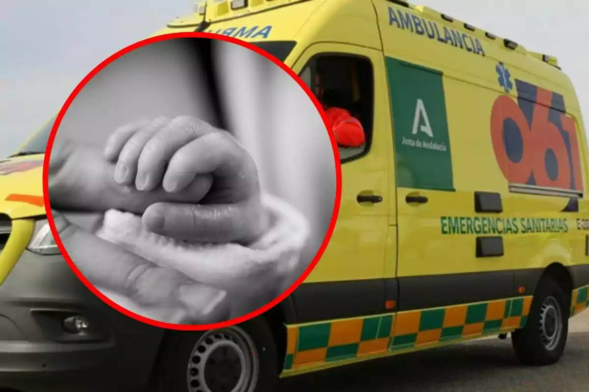 Una ambulància groga d'emergències sanitàries amb un cercle vermell que mostra la mà d'un nadó agafant un dit.