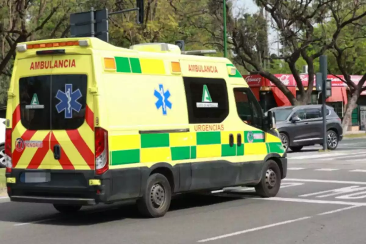Una ambulància groga i verda circula per un carrer amb arbres i un cotxe gris al fons. Una ambulància groga i verda circula per un carrer amb arbres i un cotxe gris al fons.