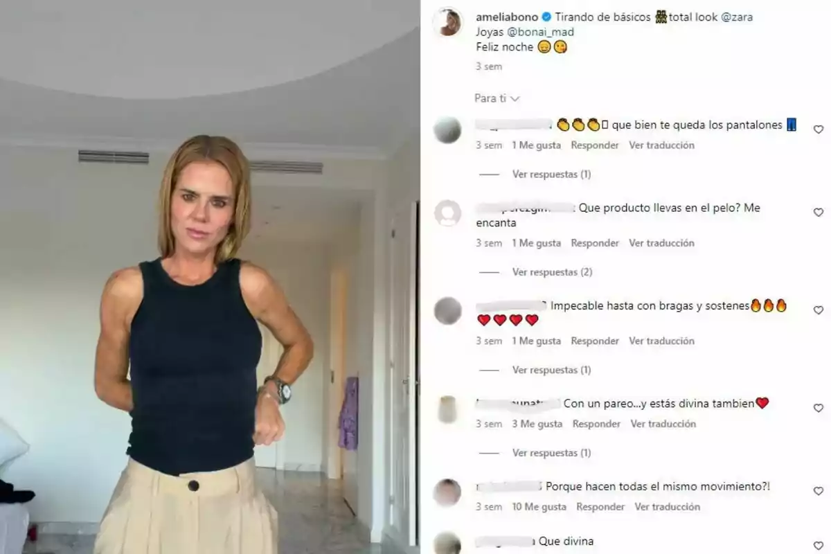 Amelia Bono posa en una habitació amb un top negre sense mànigues i pantalons beix, mentre a la part dreta de la imatge es poden veure comentaris d'una publicació a xarxes socials elogiant-ne l'aparença i preguntant sobre els productes que fa servir. Amelia Bono posa en una habitació amb un top negre sense mànigues i pantalons beix, mentre a la part dreta de la imatge es poden veure comentaris d'una publicació a xarxes socials elogiant-ne l'aparença i preguntant sobre els productes que fa servir.