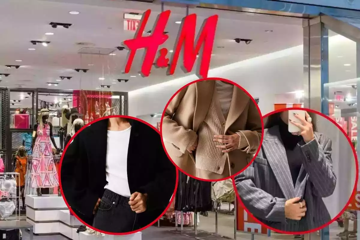 Imatge de fons d'una botiga H&M i tres persones més posant amb una americana de la marca en tres colors diferents