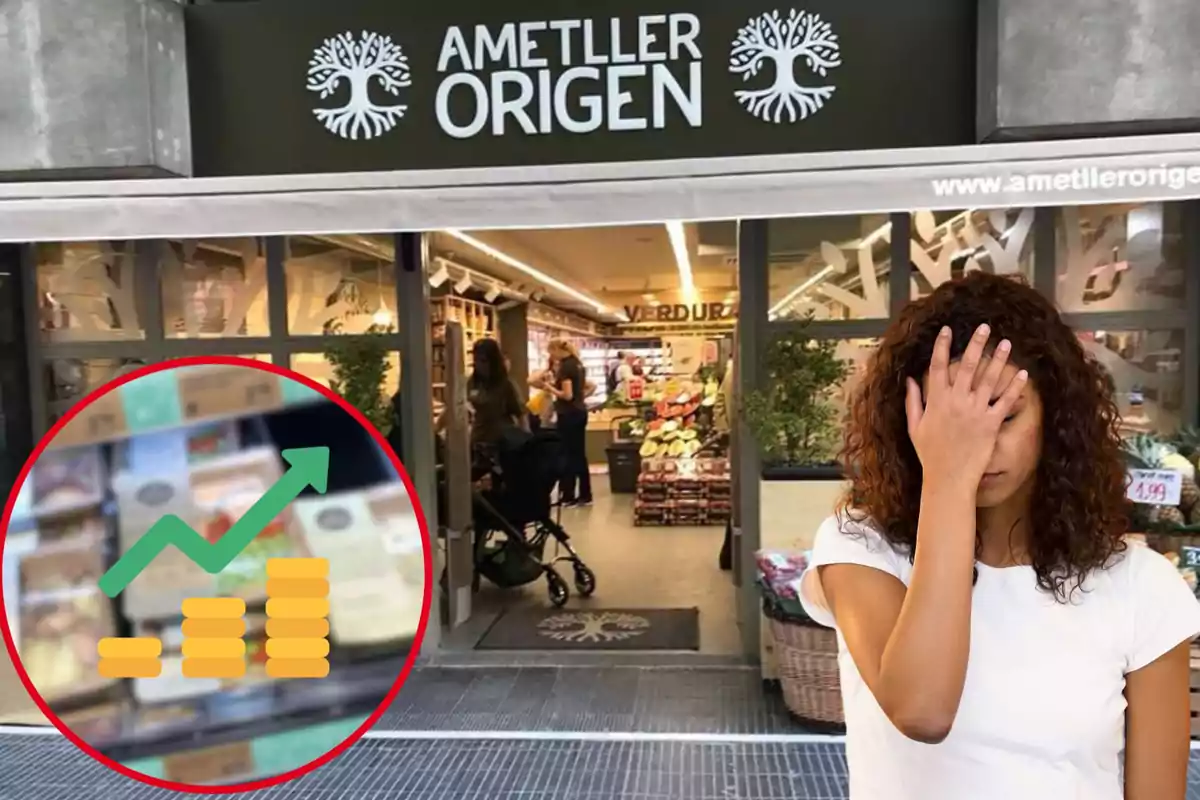 Supermercat Ametller Origen, dona decebuda, cercle vermell amb productes dins, icona de pujada de preu