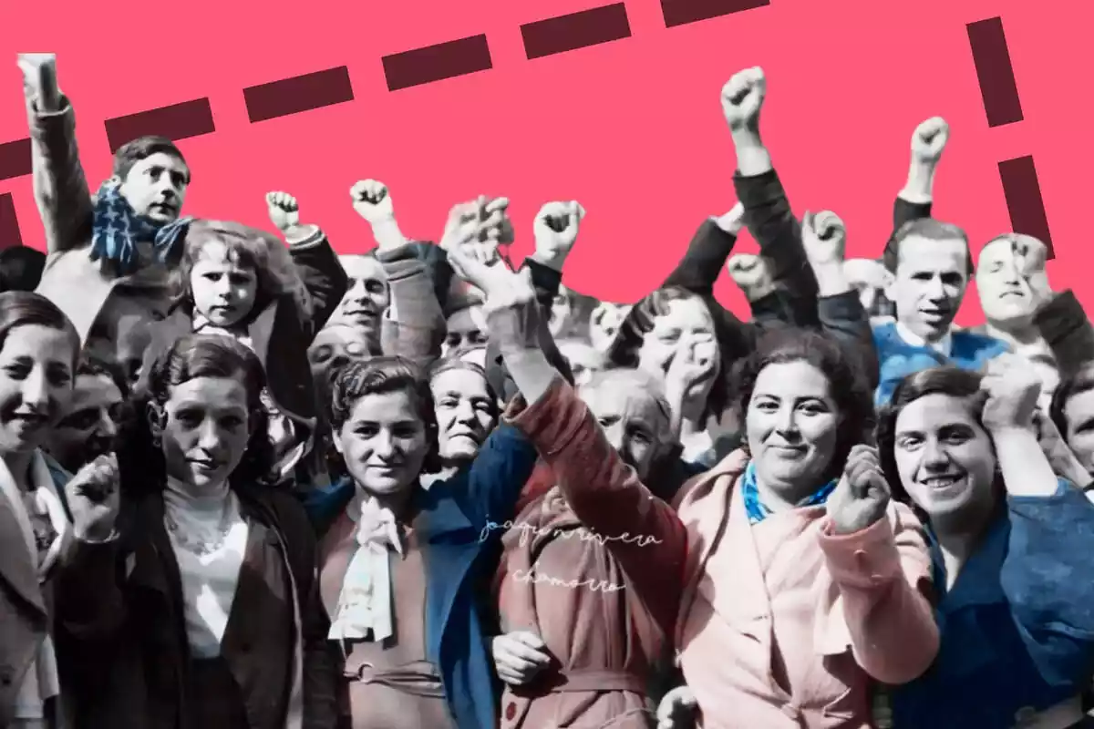 Imatge d'un grup de gent celebrant la victòria del Front Popular el 1938