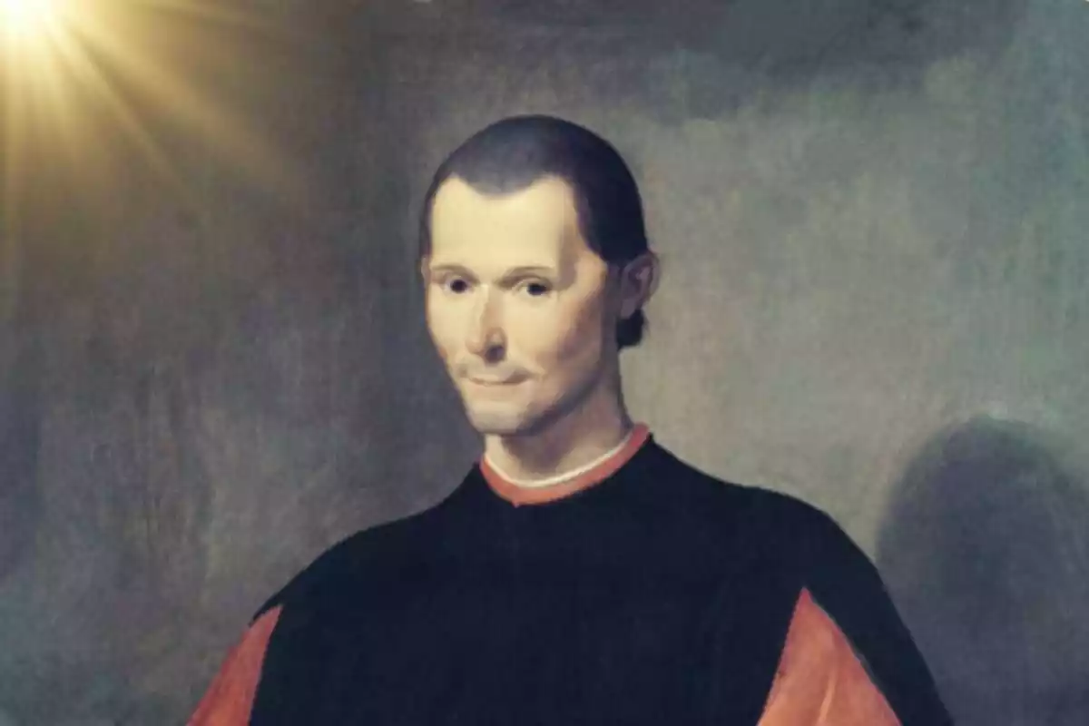 Ampliació de retrat de Maquiavel pintat per Santi di Tito amb llum a la part superior esquerra