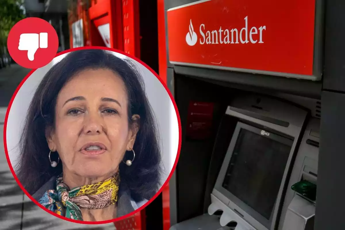 Imatge de fons d'un caixer del banc Santander al carrer i una altra imatge a primer pla d'Ana Botín