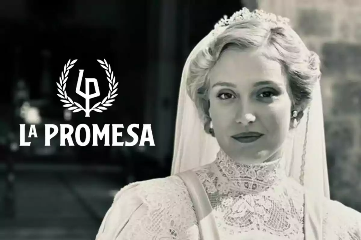 Ana Garcés vestida de novia con un velo y una tiara aparece junto al logo de "La Promesa" en un fondo oscuro.