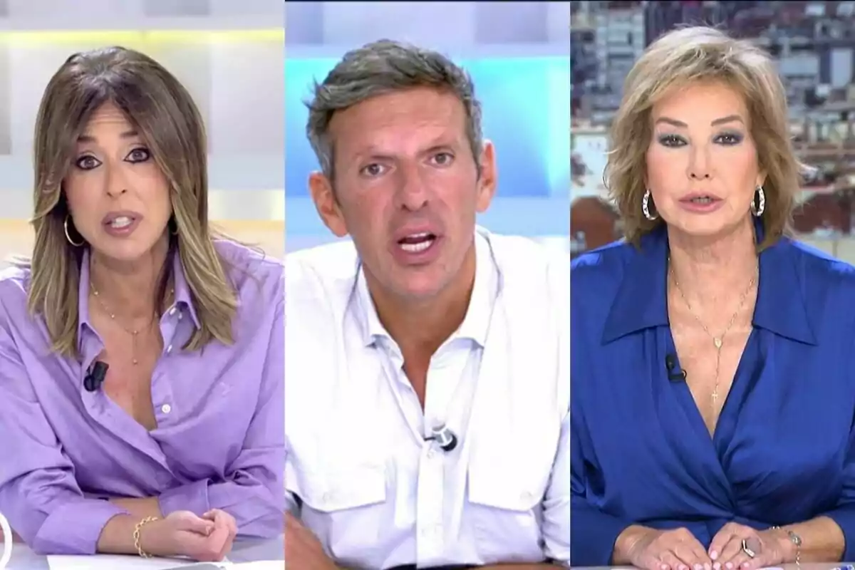 Ana Terradillos, Joaquín Prat i Ana Rosa Quintana en un programa de televisió, cadascú en el seu propi requadre, amb expressions facials serioses i vestimenta formal.