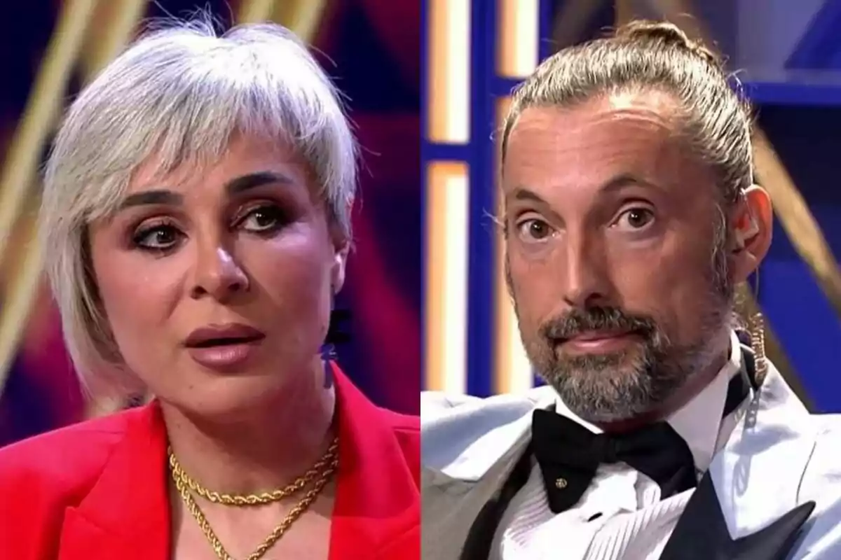 Dues persones estan a De Viernes, Ana María Aldón amb cabell curt i ros platí porta un vestit vermell i un collaret daurat, mentre que José Antonio León amb barba i cabell recollit en un monyo porta un esmòquing amb corbata de llacet negra.