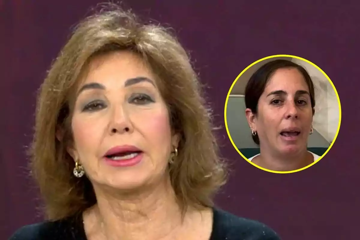 Ana Rosa Quintana de cabello castaño y maquillaje pronunciado en El Programa de Ana Rosa aparece en primer plano, mientras que en un recuadro circular se muestra a Anabel Pantoja con expresión seria.