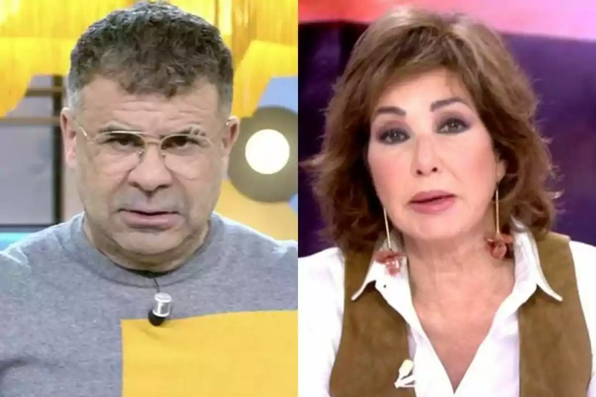 Dos personas en un programa de televisión, Jorge Javier Vázquez con gafas y suéter gris en El Diario de Jorge, y Ana Rosa Quintana a la derecha con blusa blanca y chaleco marrón en TardeAR.