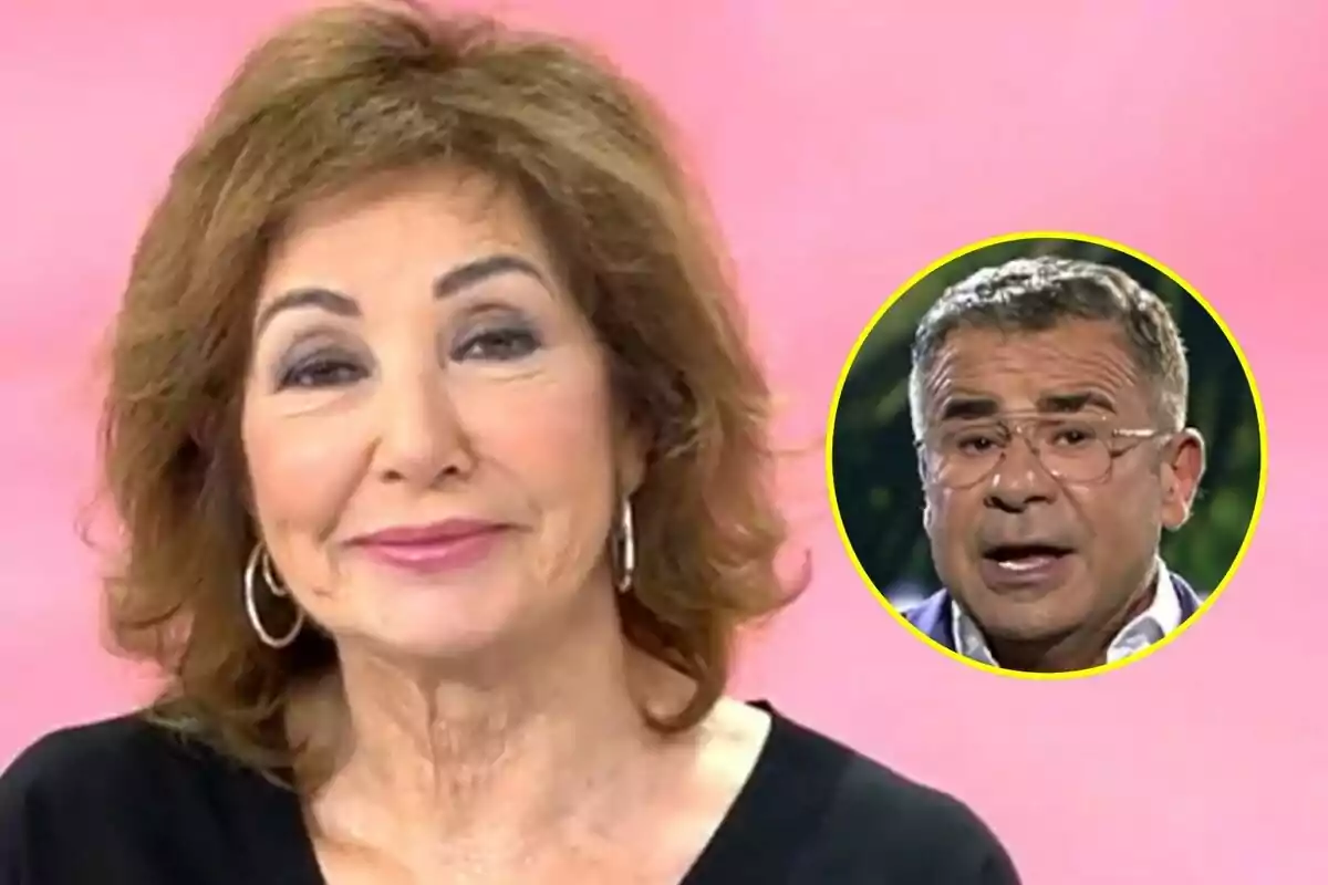 Ana Rosa Quintana sonriente con fondo rosa en El Programa de Ana Rosa y un recuadro circular que muestra a Jorge Javier Vázquez hablando en Supervivientes.