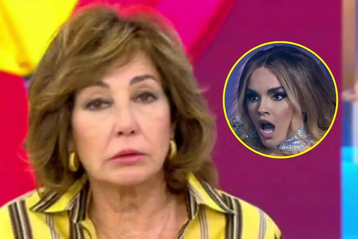 Ana Rosa Quintana amb expressió seriosa a El Programa de Ana Rosa en primer pla i un requadre amb Melody sorpresa a Eurovisió al fons.