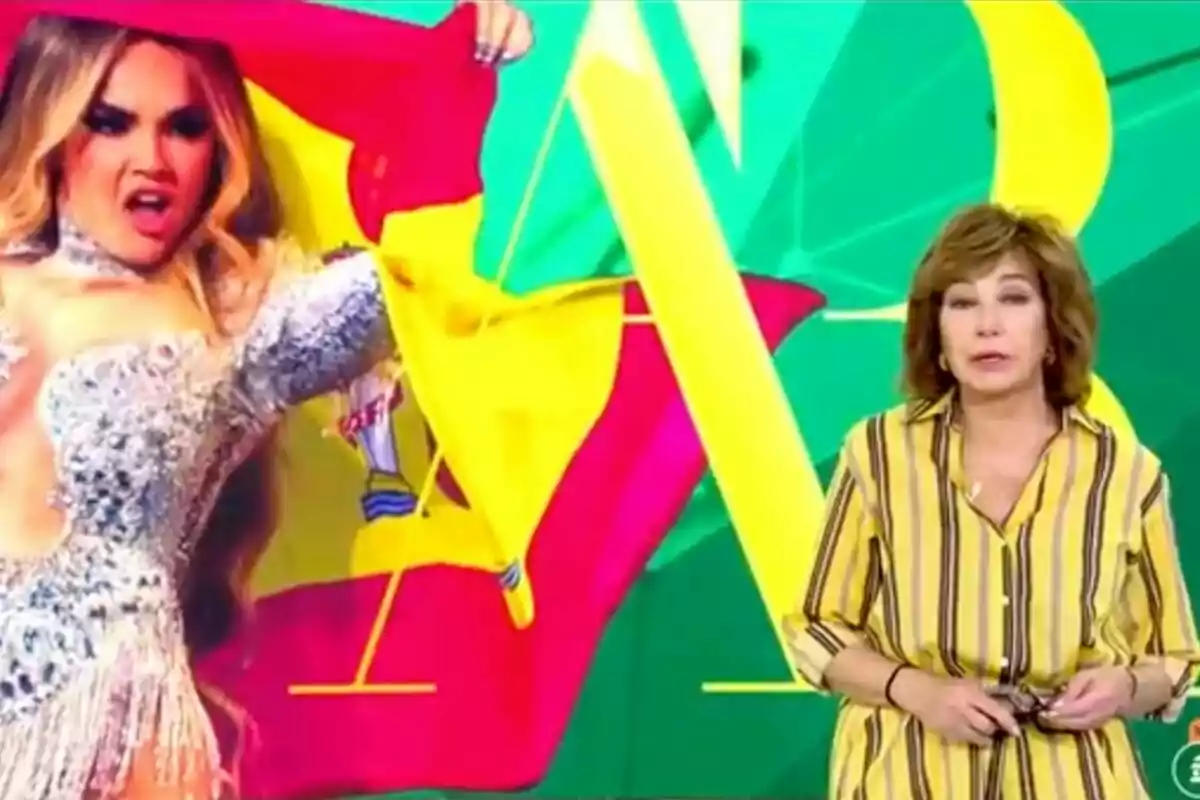 Melody amb un vestit brillant sosté una bandera d'Espanya a Eurovisió mentre Ana Rosa Quintana amb una camisa de ratlles parla davant d'una pantalla acolorida a El Programa de Ana Rosa. Melody amb un vestit brillant sosté una bandera d'Espanya a Eurovisió mentre Ana Rosa Quintana amb una camisa de ratlles parla davant d'una pantalla acolorida a El Programa de Ana Rosa.