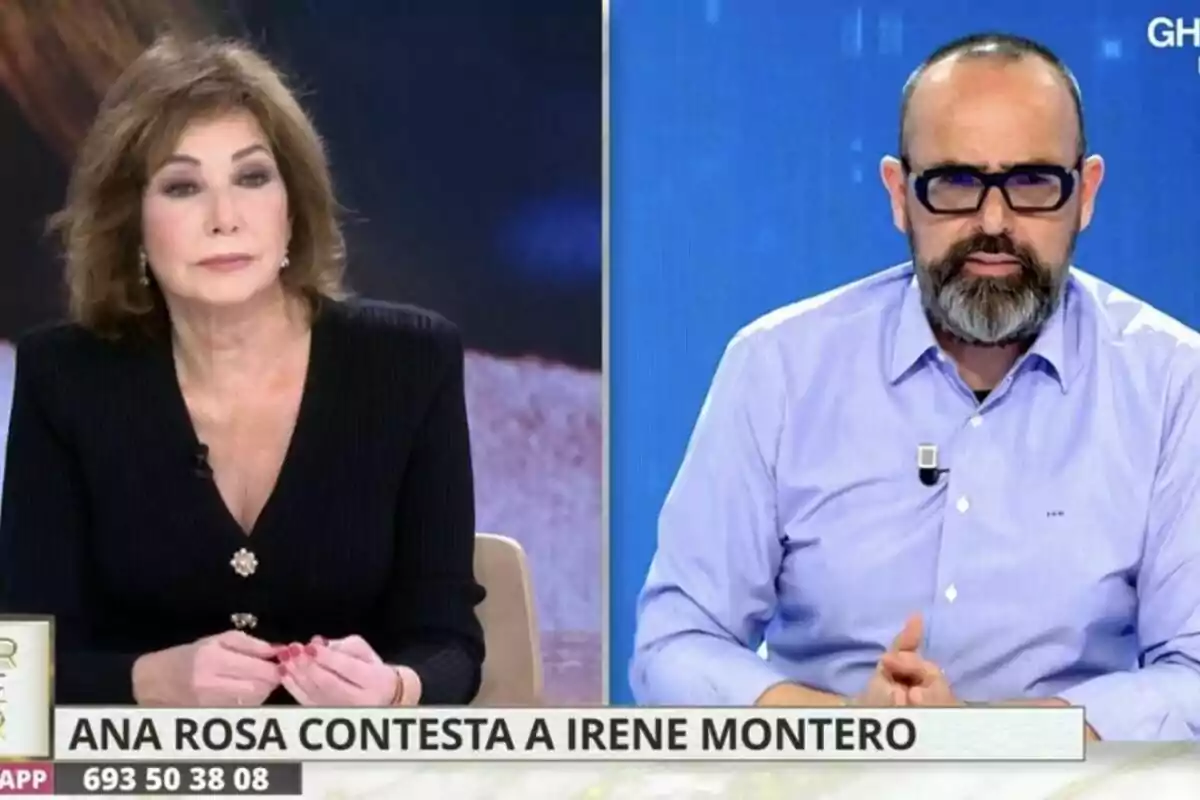 Ana Rosa Quintana en TardeAR y Risto Mejide en Todo es Mentira con un texto en pantalla que dice "Ana Rosa contesta a Irene Montero".