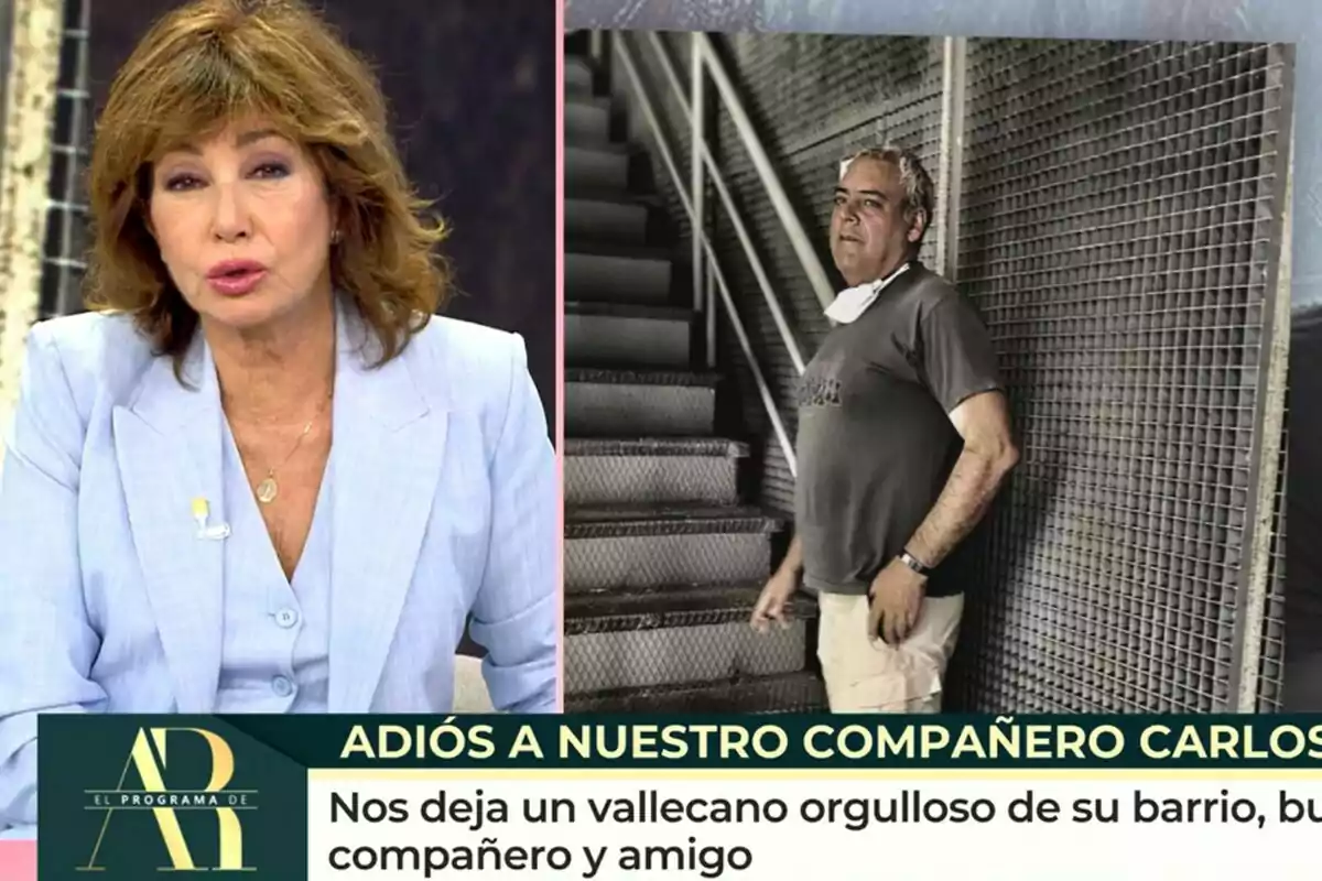 Una presentadora de televisió és en un estudi, mentre que al seu costat hi ha una imatge d'un home dret al costat d'unes escales; a la part inferior, un missatge de comiat per a un company. Una presentadora de televisió és en un estudi, mentre que al seu costat hi ha una imatge d'un home dret al costat d'unes escales; a la part inferior, un missatge de comiat per a un company.
