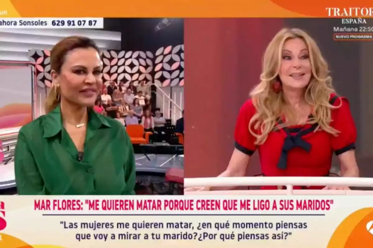 Ana Obregón i Teresa Bueyes conversen a 'Y ahora Sonsoles' amb públic de fons i un titular en pantalla que esmenta una declaració polèmica Ana Obregón i Teresa Bueyes conversen a 'Y ahora Sonsoles' amb públic de fons i un titular en pantalla que esmenta una declaració polèmica
