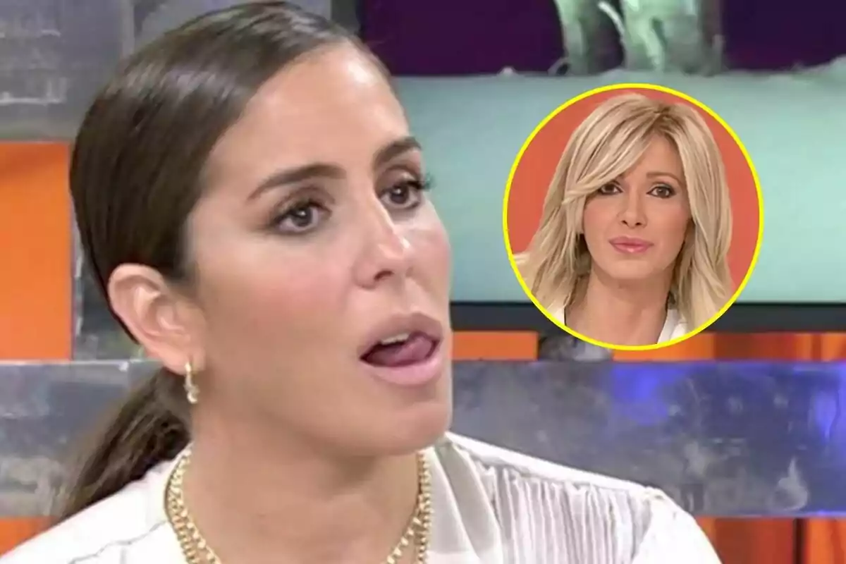 Anabel Pantoja amb expressió pensativa en un programa de televisió amb un requadre que mostra una altra Susanna Grisoo a Espejo Público en el fons.