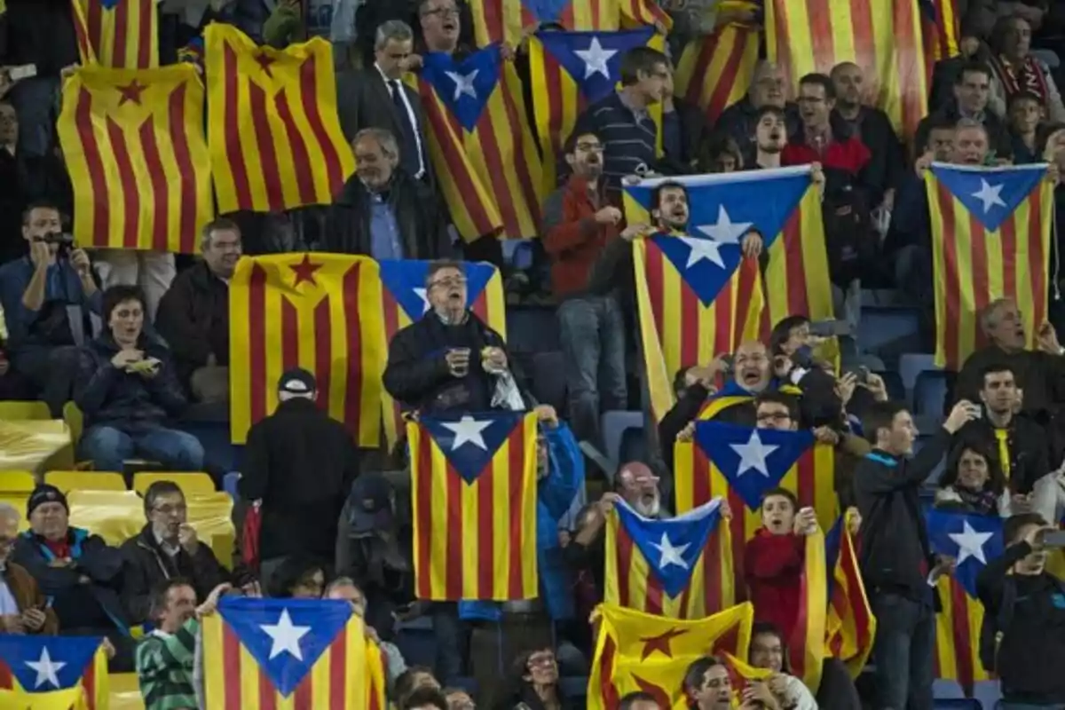 A group of people holds flags with yellow and red stripes and a blue triangle with a white star at a sporting event.