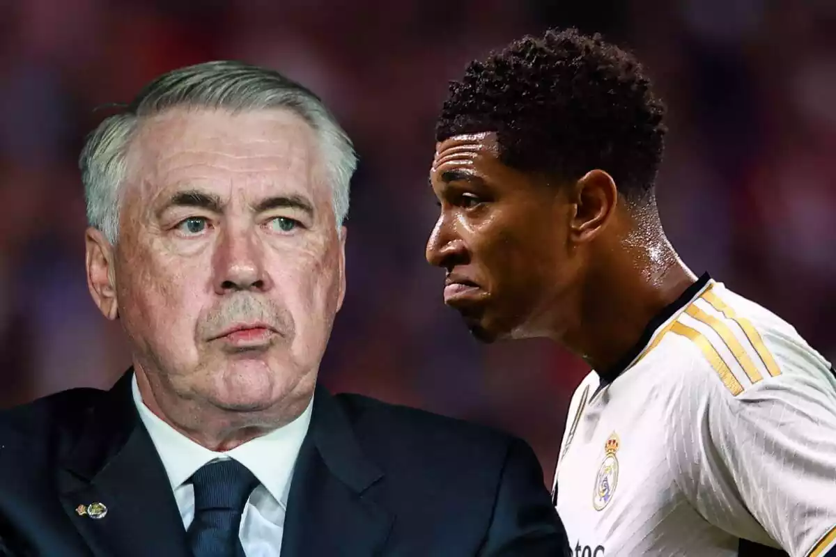 Muntatge de Carlo Ancelotti mirant a Jude Bellingham contrariat