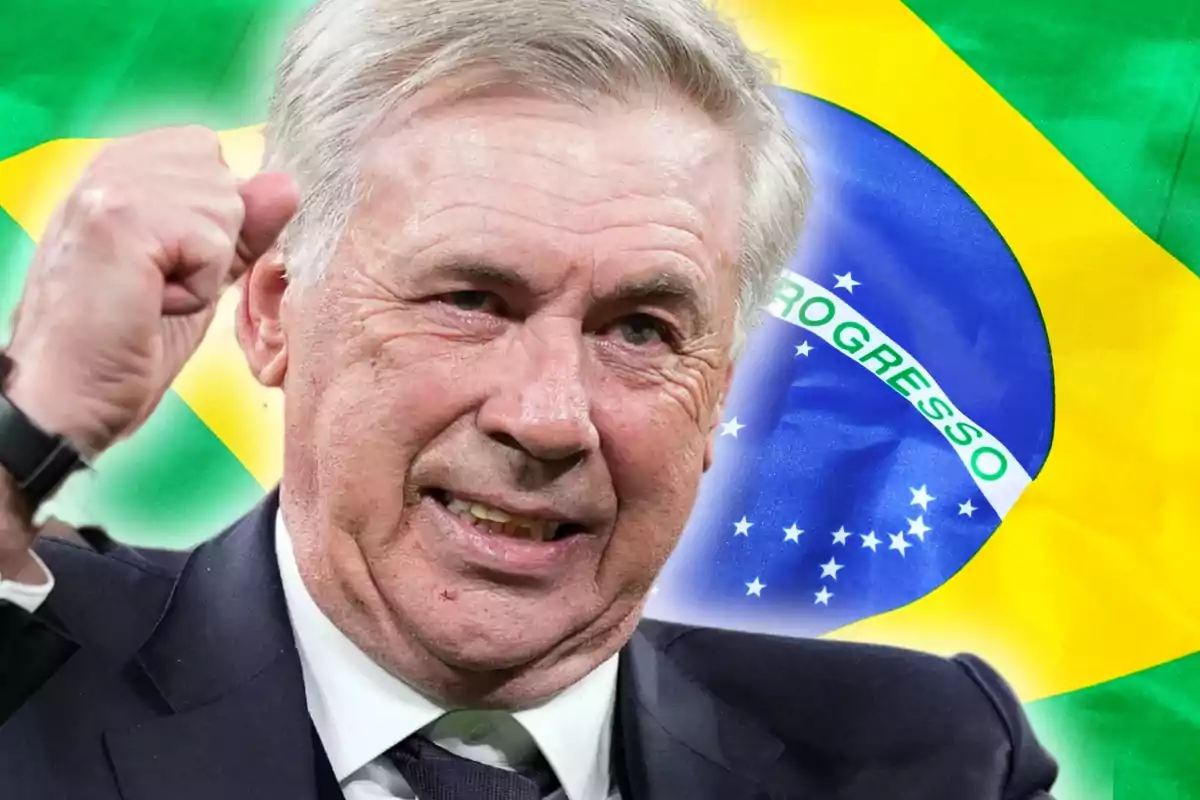 Un home de cabells canosos i vestit fosc aixeca el puny davant d'una bandera del Brasil.