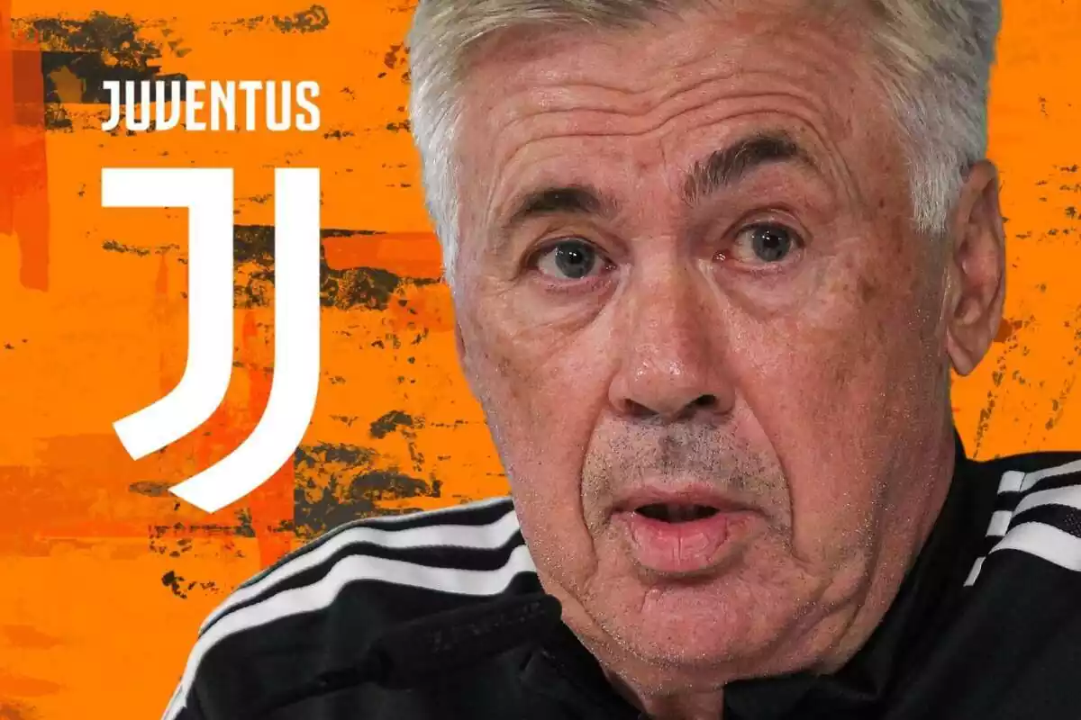 Carlo Ancelotti sobre un fons taronja i el logo de la Juventus de Torí